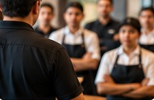 Gerente capacitando a un equipo de cocina y servicio